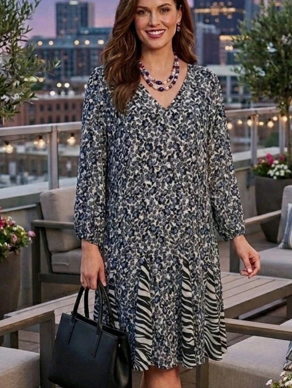 White House Black Market Blue-Black Floral Zebra Print Midi Dress